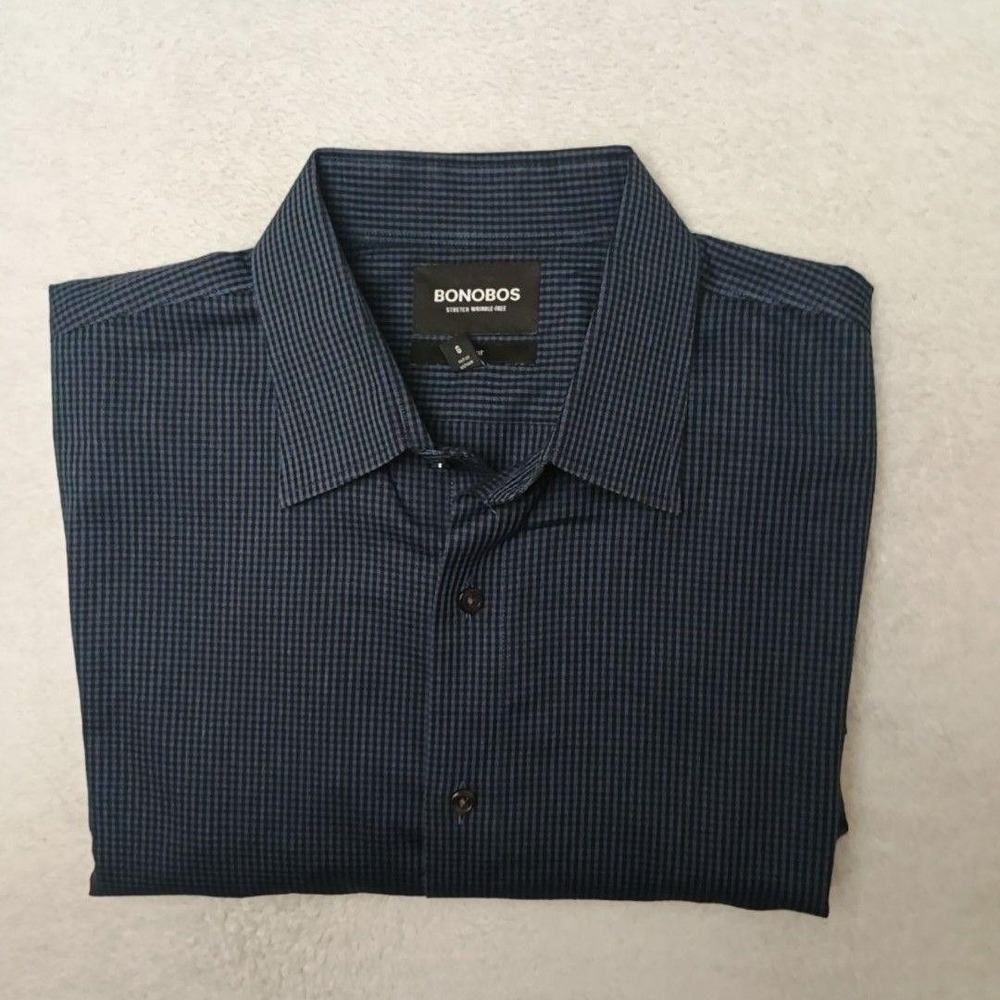 Bonobos Shirt Mens L Blue Plaid Check Slim Stretch Wrinkle-Free Button-Up Work